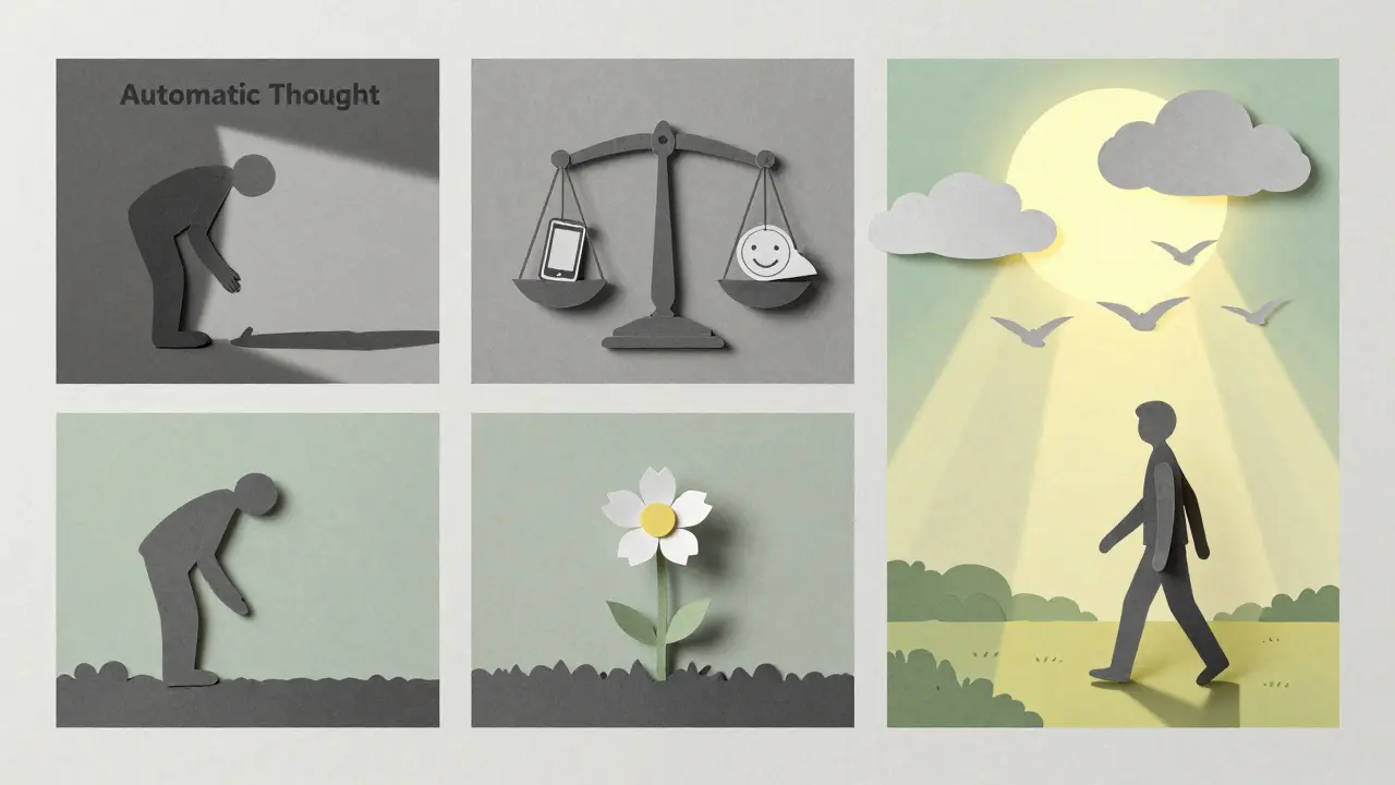 Čtyři kroky kognitivní restrukturalizace znázorněné jako papírové panely: negativní myšlenka, důkazy, nová myšlenka, volnost.