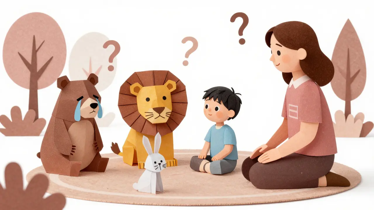 Dítě a terapeut pozorují papírové loutky ve hře, bez slov, jen přítomností.