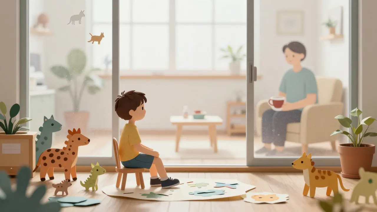 Dítě sedí samo v terapeutické místnosti s papírovými hračkami, rodič je vidět skrze matné sklo v sousední místnosti.