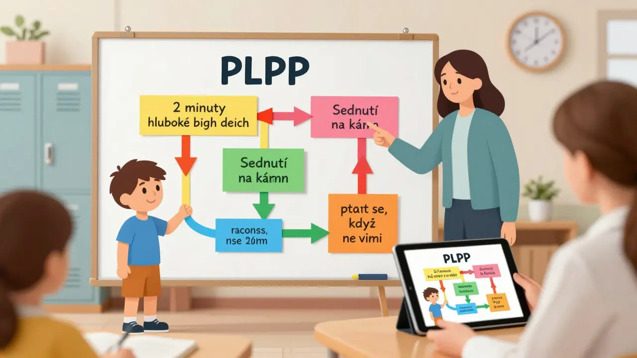 Dítě stojí u vizuálního plánu podpory ve třídě, který ukazuje jednoduché kroky pro klid.