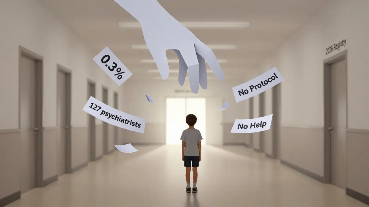 Dítě v prázdné školní chodbě, obklopené symboly nedostatku podpory duševního zdraví.