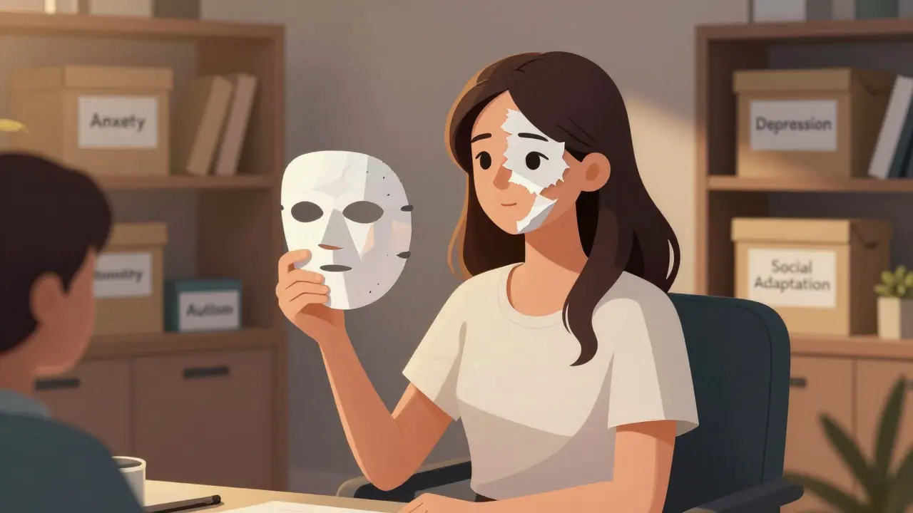 Dospělá žena drží papírovou masku v kanceláři terapeuty, její pravá tvář je částečně odhalena.