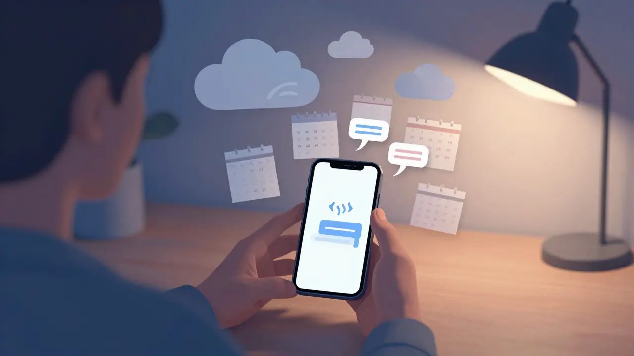 Dospělý s mobilní aplikací pro dýchání a organizaci, kolem něj vysvětlující papírové obrazovky.