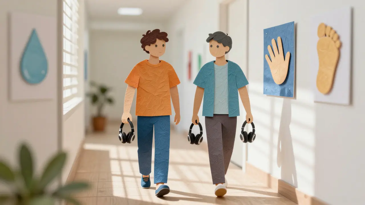 Dospělý s PAS a terapeut pomalu jdou po chodbě s sluchovými blokátory, na zdi vizuální pomůcky pro smysly.