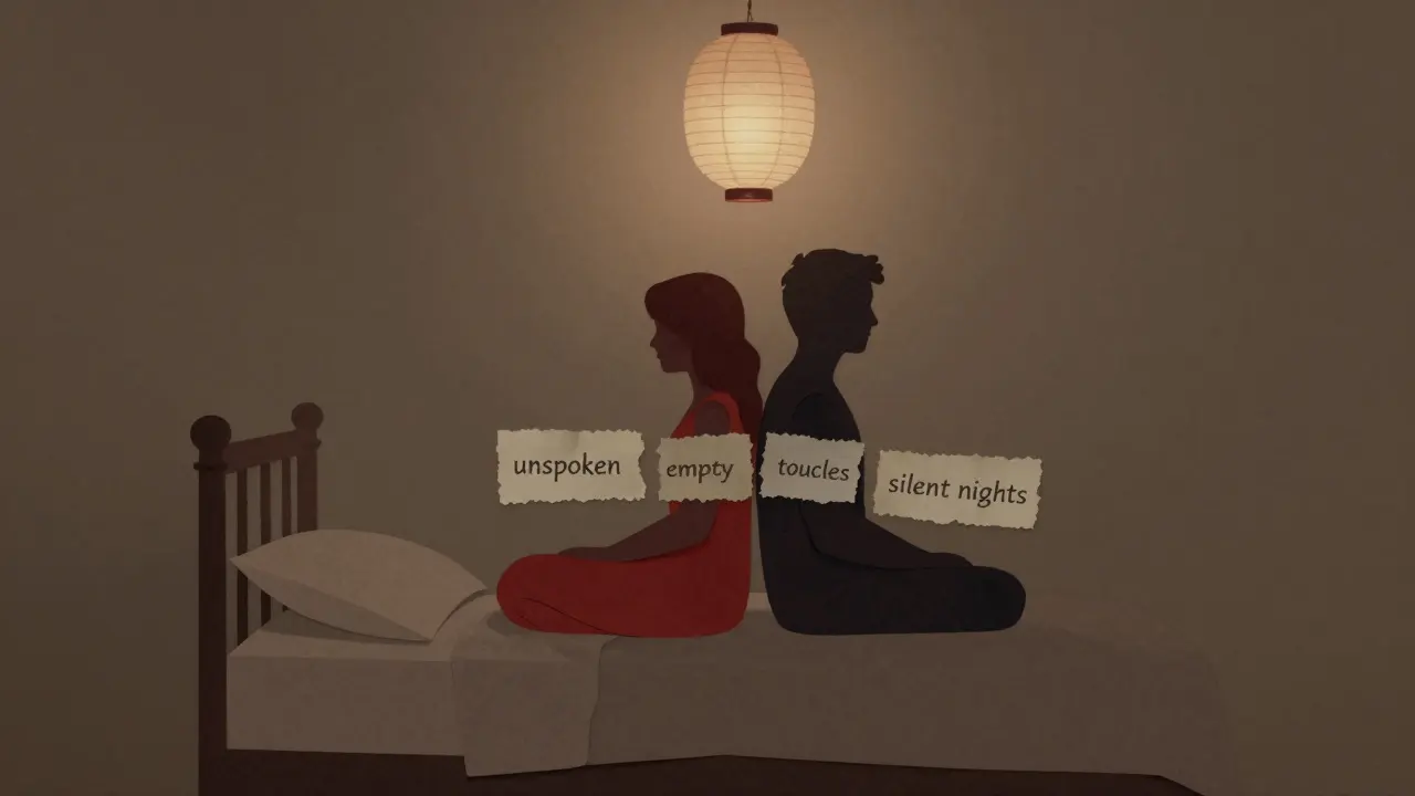 Dva lidé sedí zády k sobě na posteli, mezi nimi kousky papíru s neřečenými slovy.