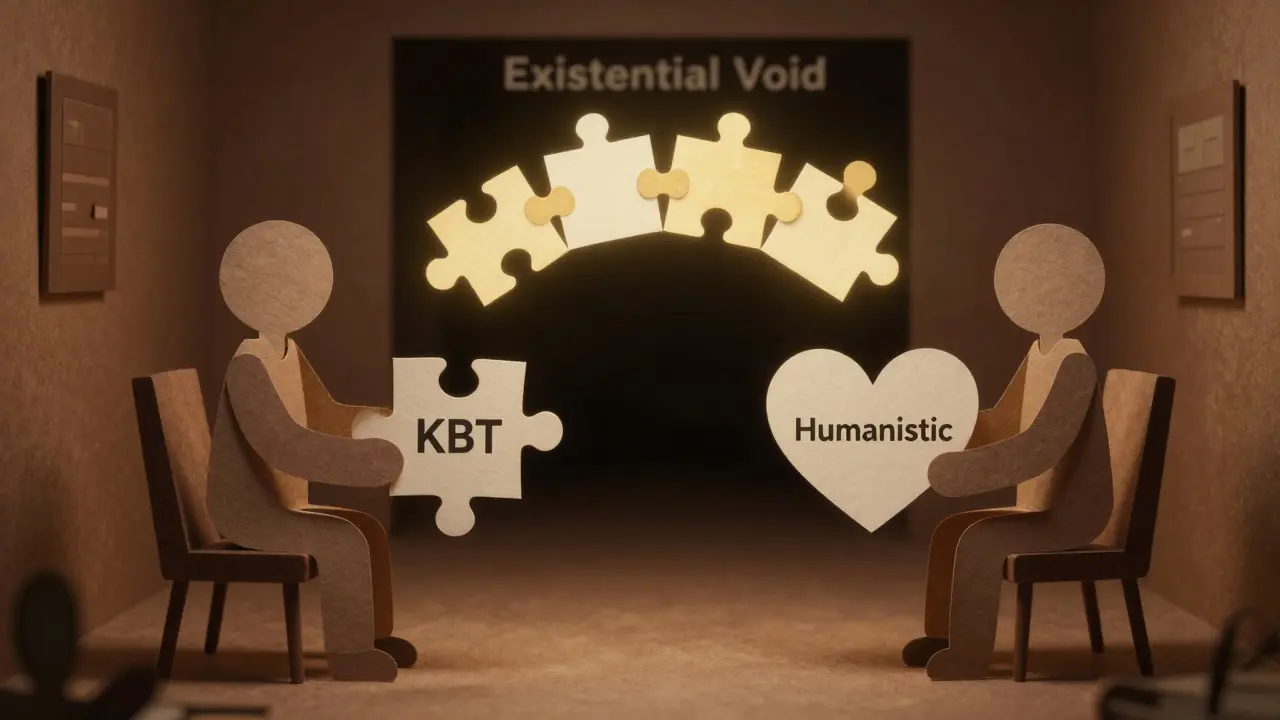 Dva lidé spojení papírovými kousky KBT a humanistického přístupu, spojené zlatou mostní strukturou.