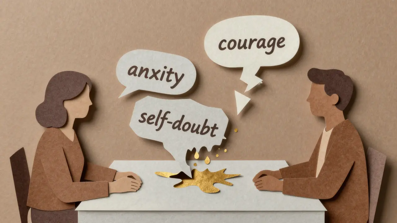Dvě postavy komunikují přes papírové kousky, které představují odstraňování úzkosti a vznik odvahy.