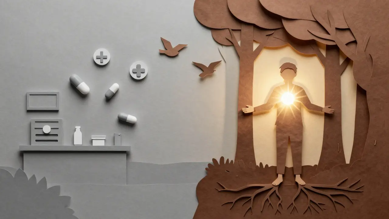 Dvě scény: klinika s léky a příroda s člověkem, jehož kořeny sahají do země, symbolizující tělesnou a duševní léčbu.