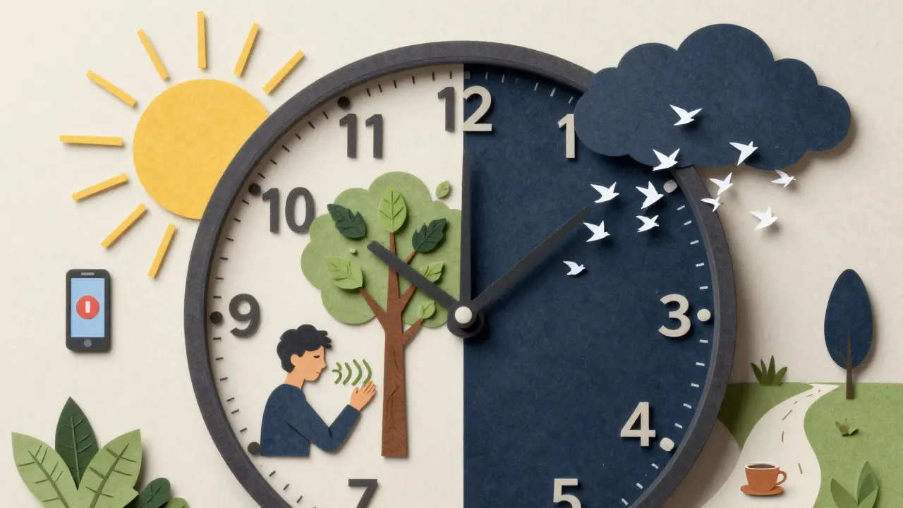 Hodiny s denním rytmem, osoba se probouzí, mrak se mění v ptáky a telefon je v pauze.