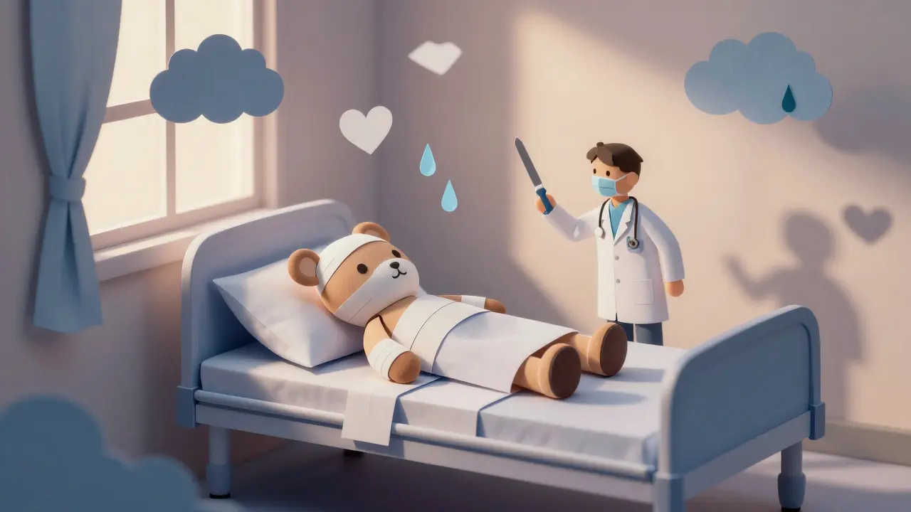 Lůžko s panenkou v bandáži a miniaturami lékařských nástrojů v měkkém světle.