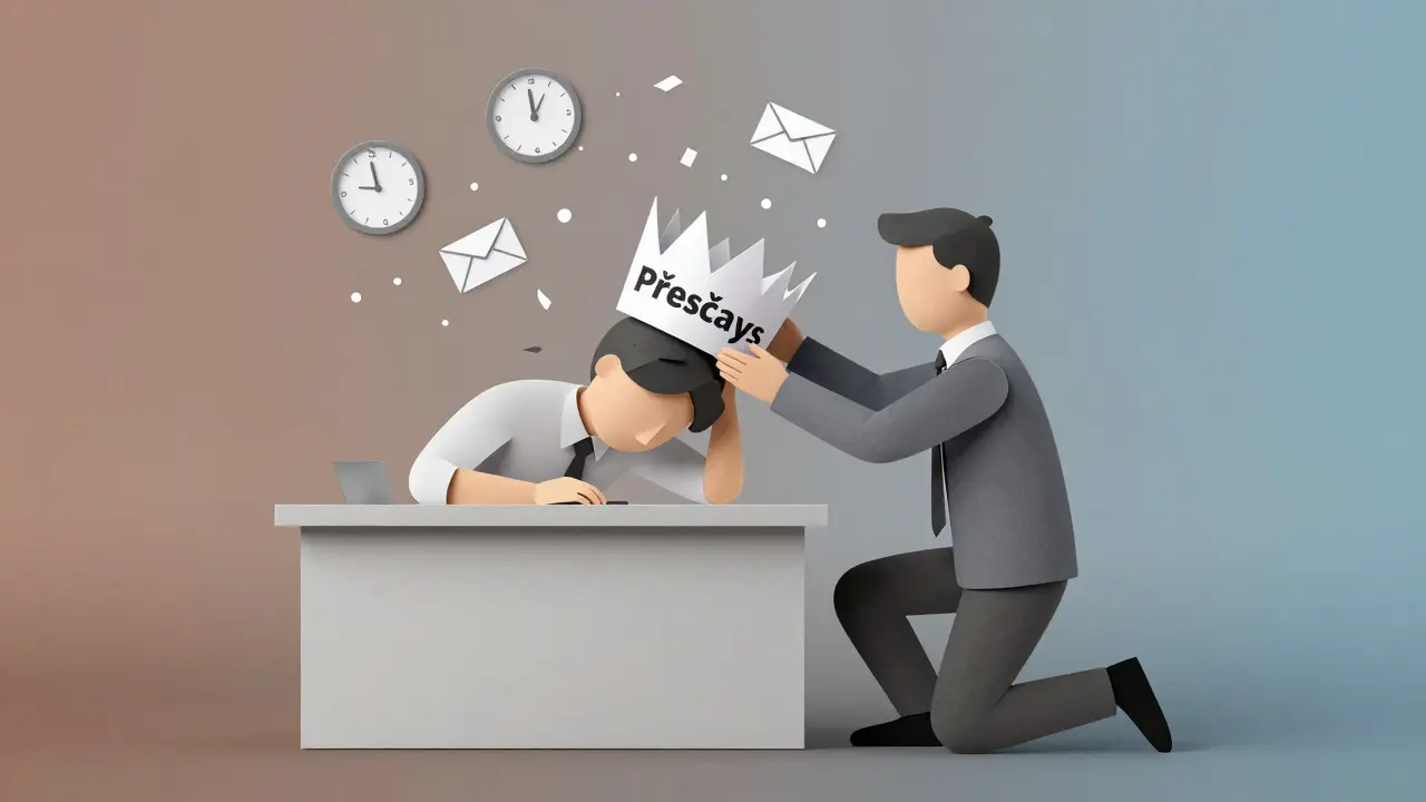 Manažer sundává korunu 'Přesčasy' z hlavy zaměstnance, kolem nich se rozptylují pracovní symboly.