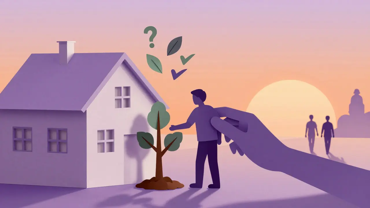 Muž sází strom, jeho stín je podporující ruka, symbol zotavení.