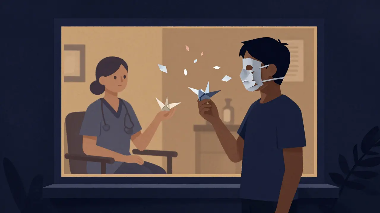 Osoba odstraňuje masku z papíru, terapeut sedí venku v mírném světle.