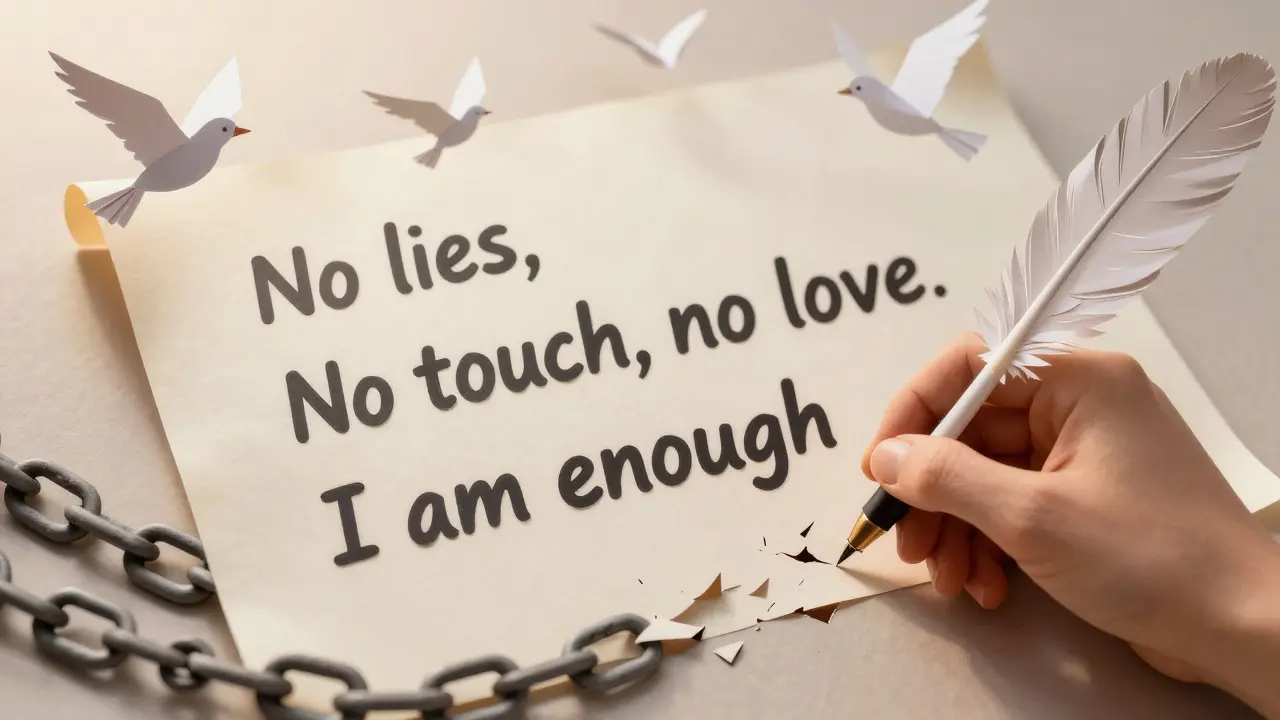 Osoba píše pravidla pro vztah, kolem ní létají ptáci a láme se řetěz.