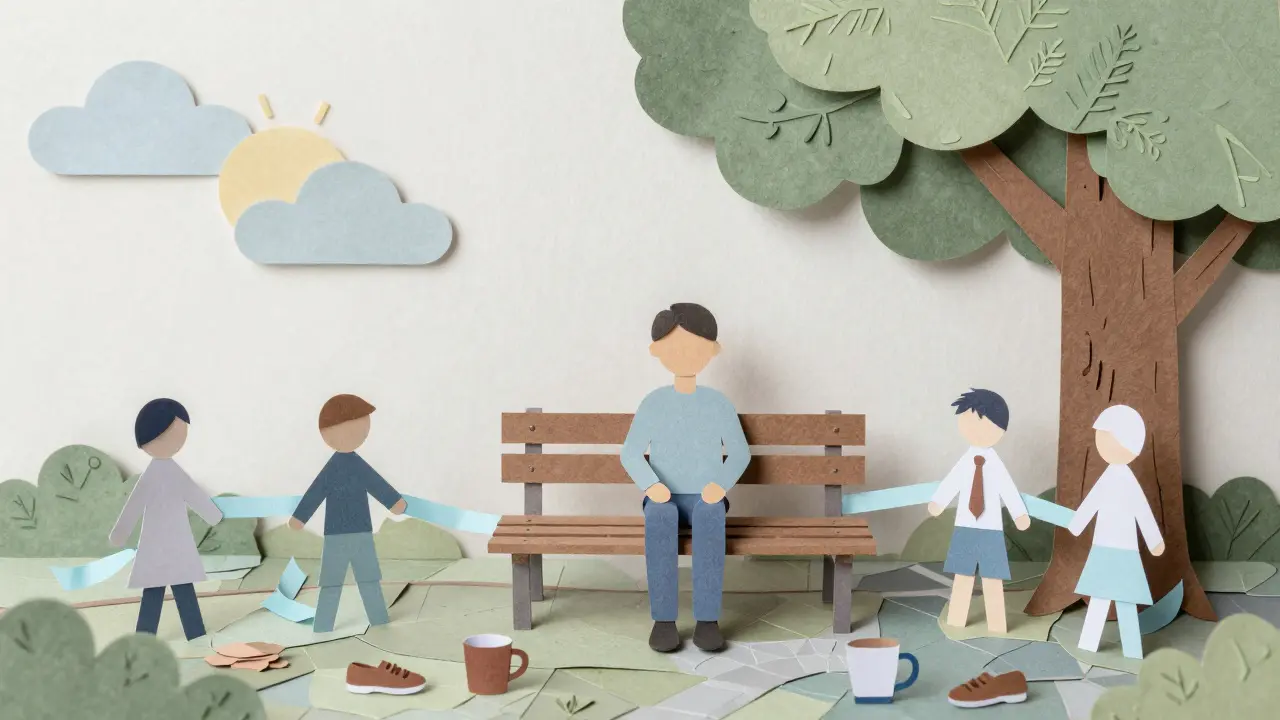Osoba sedí na lavičce pod stromem, kolem ní jsou papírové postavy podpory a spojnice v podobě pásek světla.