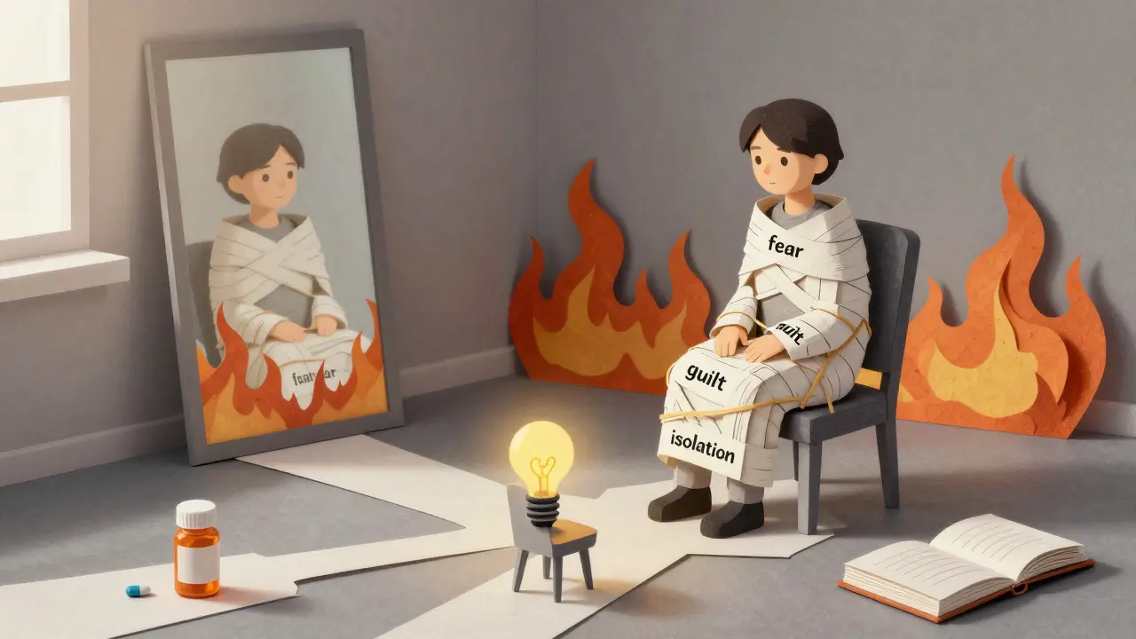 Osoba v plášti strachu, zrcadlo ukazuje minulost, tři cesty k léčbě, světlo osvětluje deník a terapeuta.