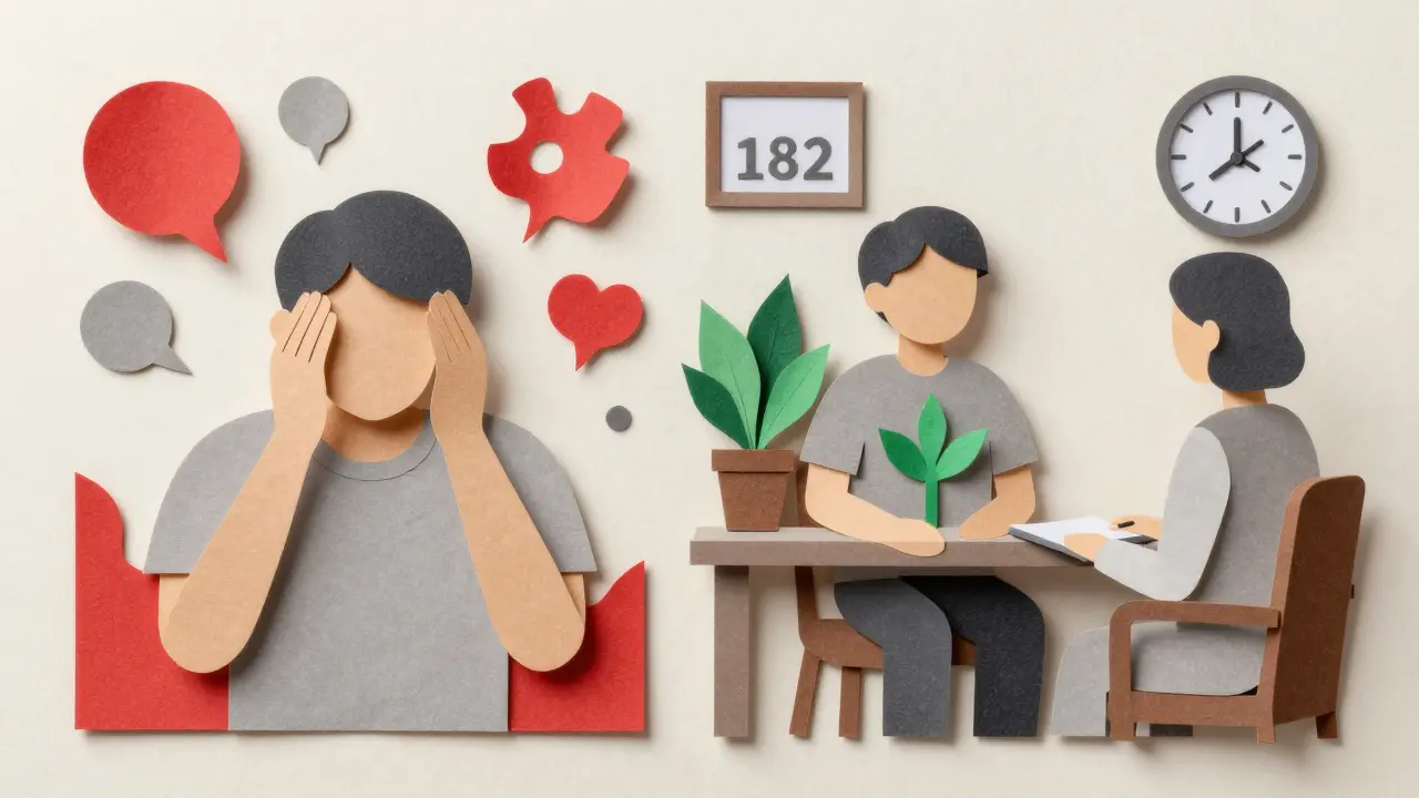 Pacient přechází od fyzického stresu k psychologickému léčení, znázorněno papírovými listy.