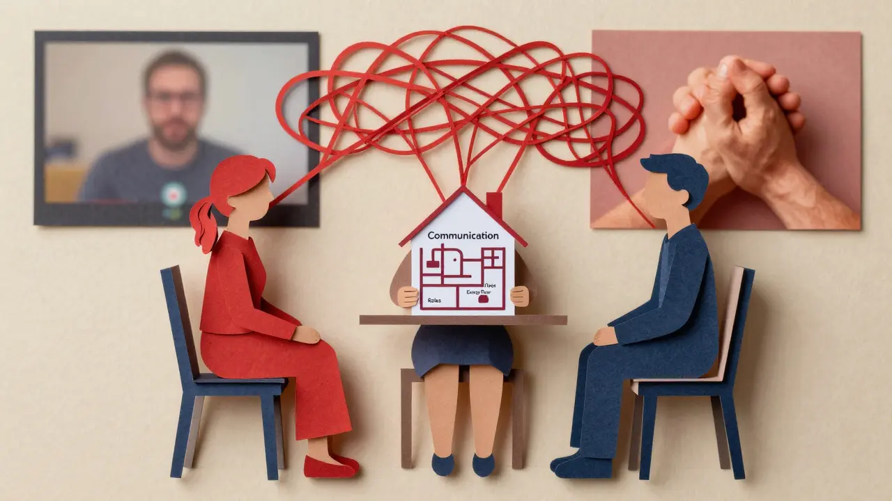 Pár spojený červenými nitěmi, terapeut drží model domu s vztahovými prvky, osobní setkání na pozadí.