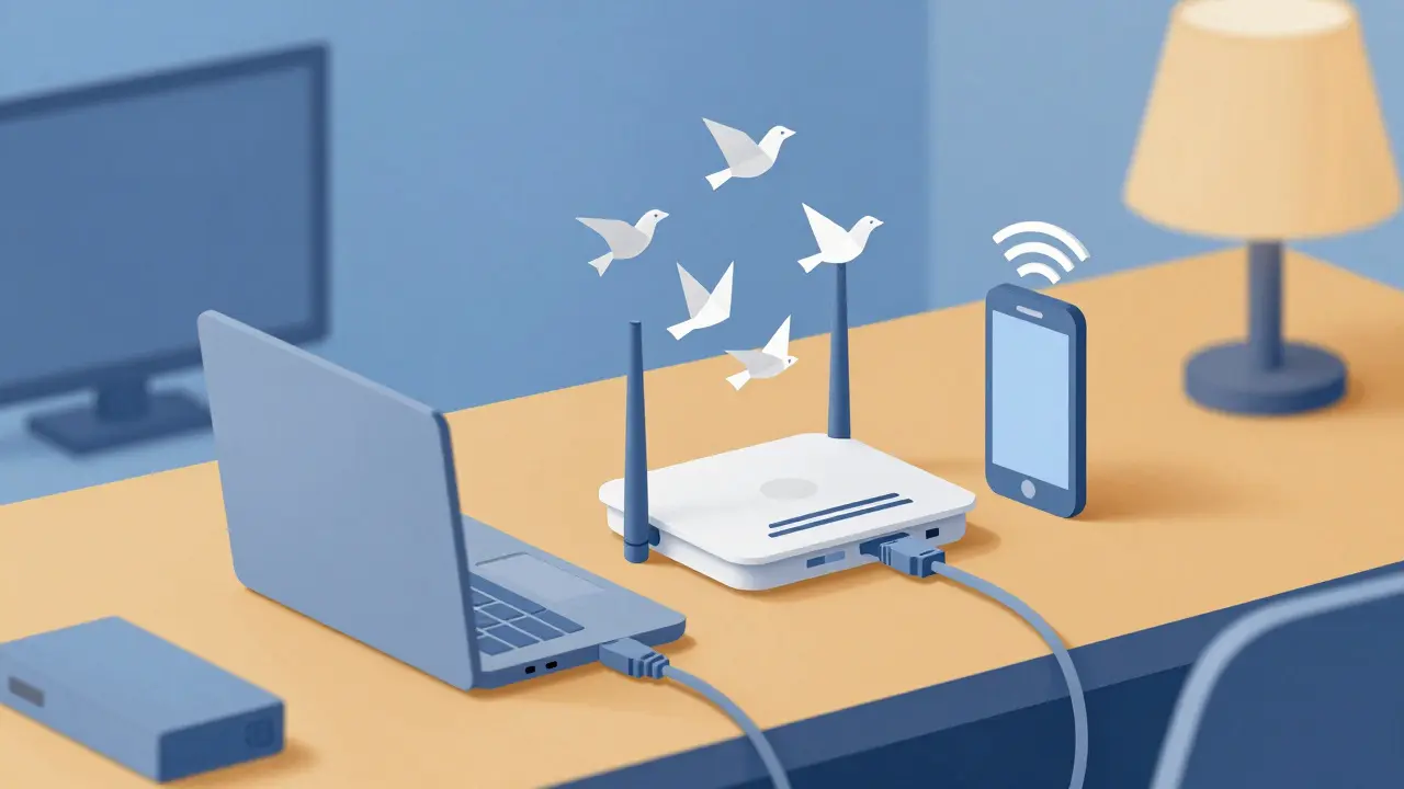 Počítač připojený kabelem k routeru, ostatní zařízení jsou odstraněna, symbolizující stabilní připojení.