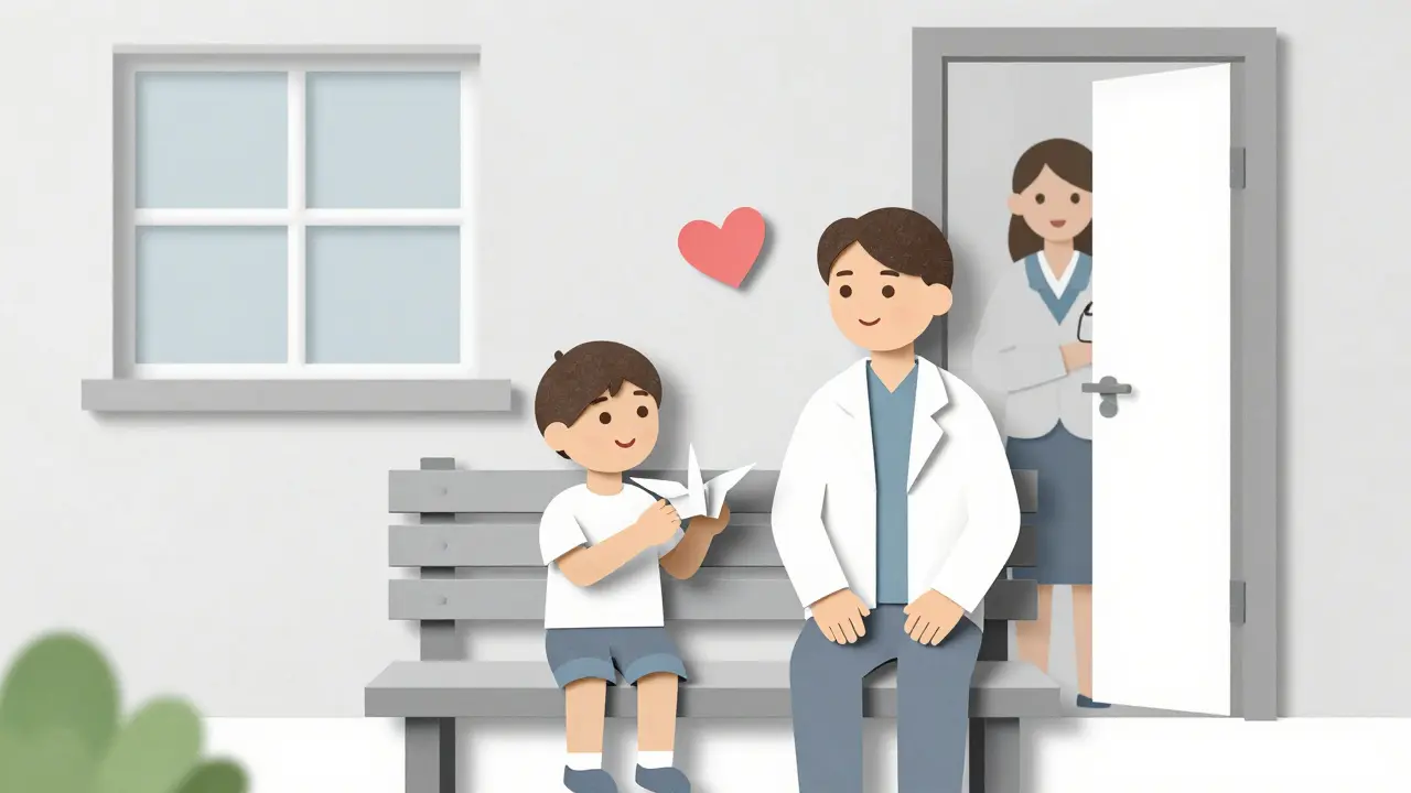 Rodič a dítě sedí na lavičce venku, drží papírové žábráčka, dveře terapeuta jsou otevřené, srdce plave mezi nimi.