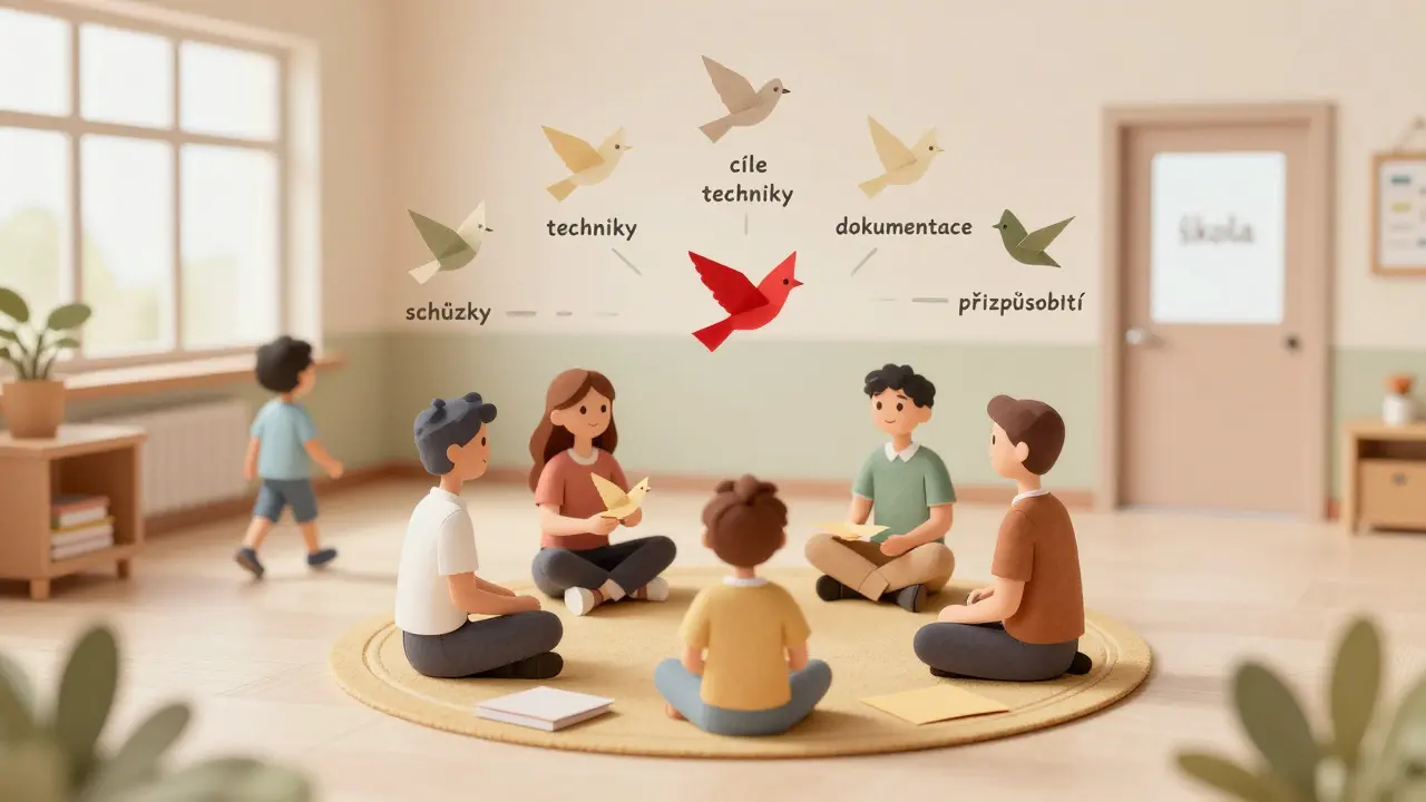 Rodič, učitel a psycholog sedí v kruhu s papírovými ptáky, symbolizujícími spolupráci pro dítě.