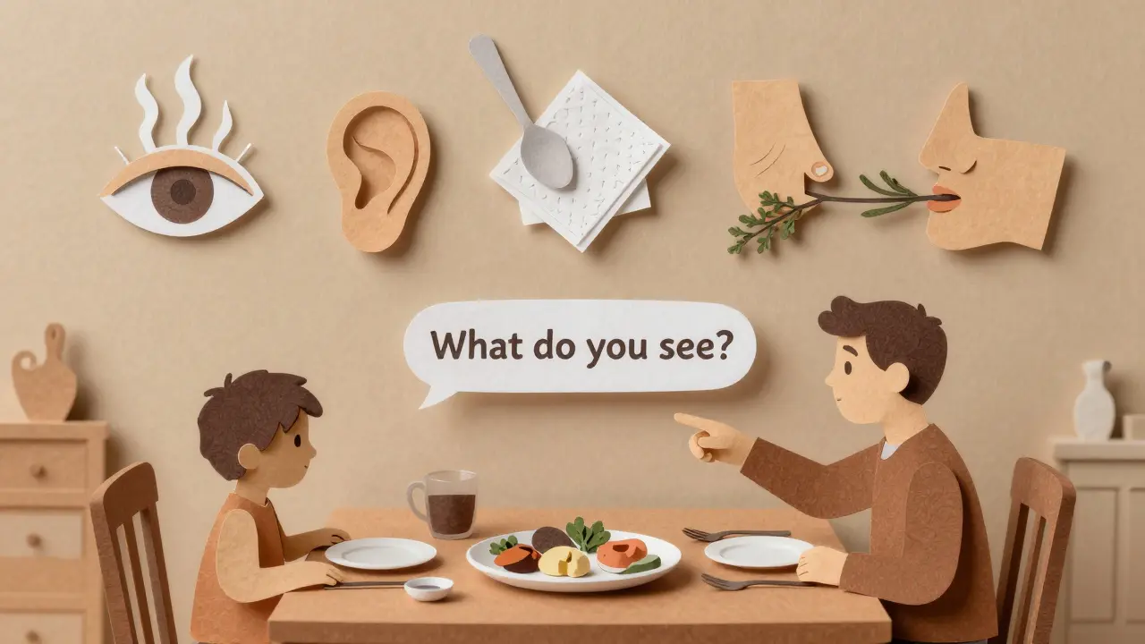 Rodina během večeře, jeden člen ukazuje na jídlo, nad stolem pět smyslů znázorněných jako papírové výřezy.