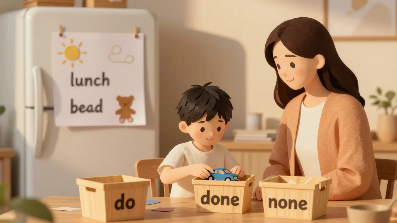 Rodina doma: chlapec ukládá hračku do koše 'hotovo' pod vizuálním plánem dne.