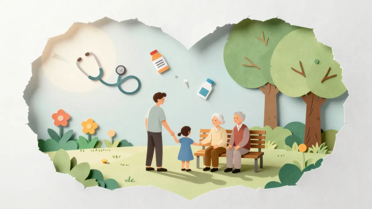Rodina navštěvuje staršího příbuzného v zahradě, symbolizující lásku a podporu proti osamělosti.