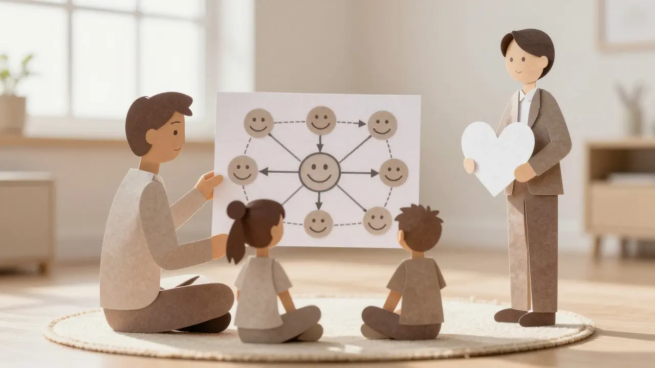 Rodina používá papírový plán dne, terapeut drží srdce — symbol podpory a struktury.