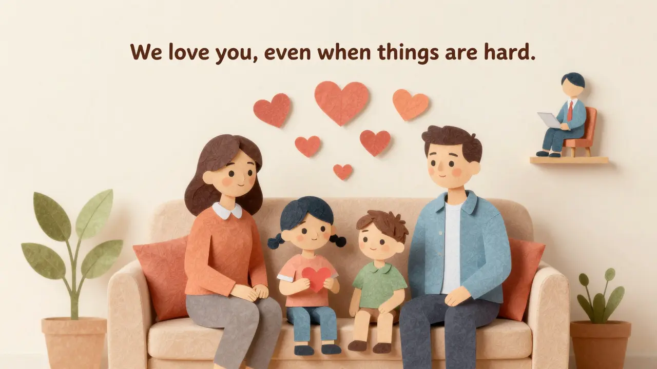 Rodina sedí na pohovce, dítě drží srdce, nad nimi plavou srdce spojující psychologa s rodiči.