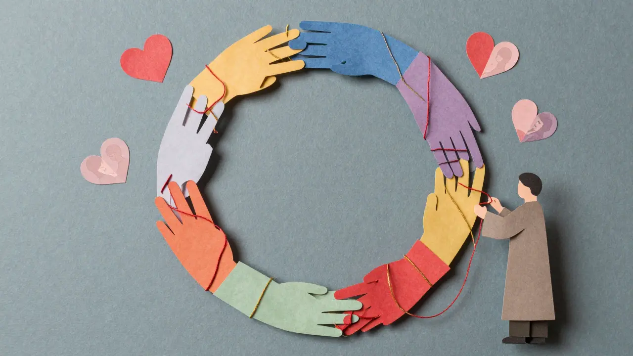 Rozbitý kruh z papírových rukou spojených nitkami, terapeut je pomalu spojuje.