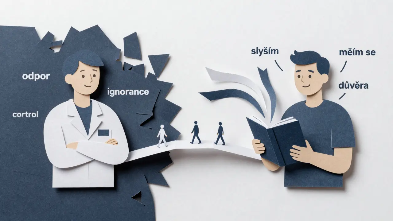 Rozdělená scéna: terapeut odmítá na jedné straně, přijímá na druhé, spojení papírovým mostem.