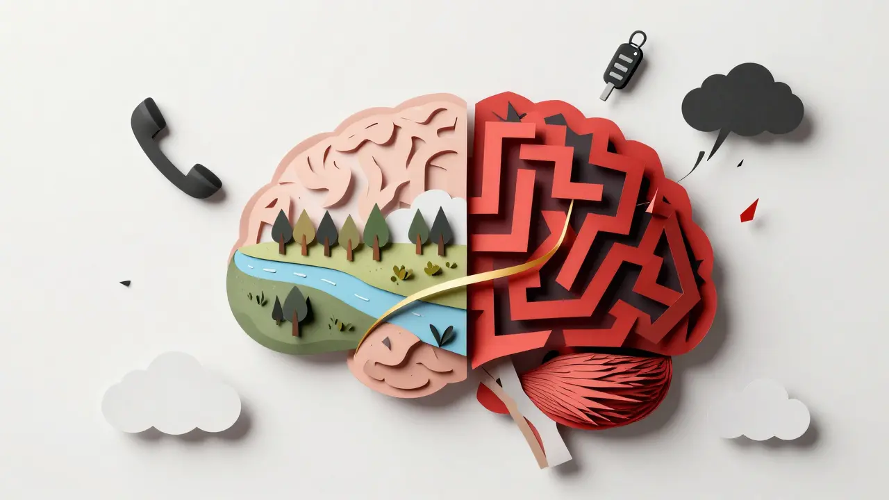 Rozdělený mozek: klidná strana a bouřlivá strana spojená zlatým vláknem, symbolizujícím léčbu.