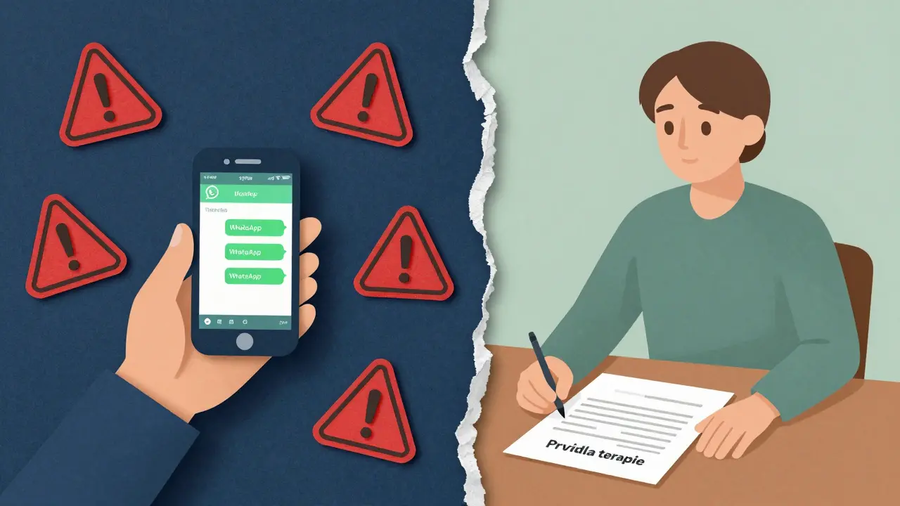 Rozdělený scénář: terapeut přijímá zprávy v noci vs. v pracovních podmínkách.