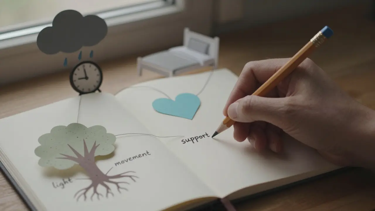 Ruka píše do deníku, kolem ní jsou papírové obrazce znázorňující emocionální vzory.