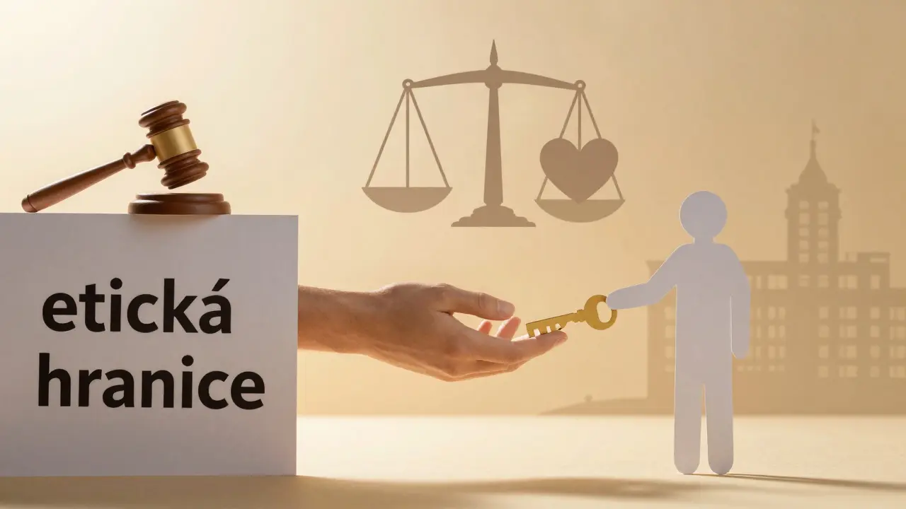 Ruka předává klíč přes etickou hranici, symbolizující právo klienta na vlastní hranice.