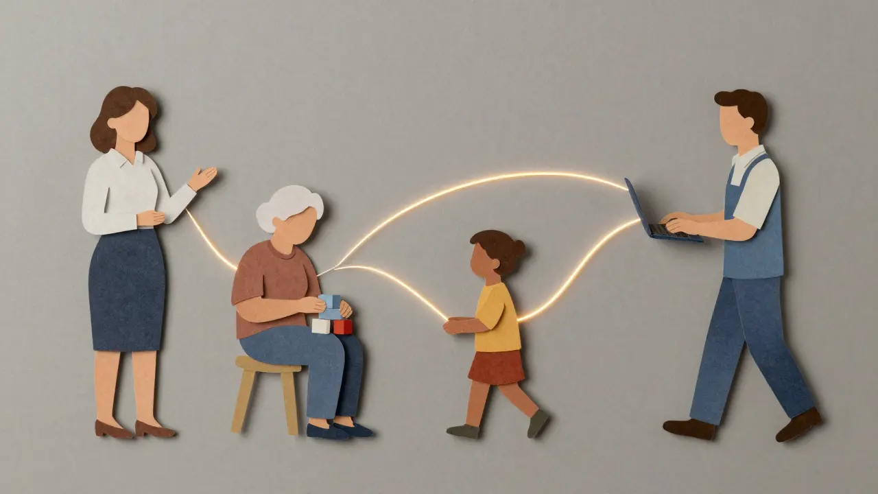 Různí lidé spojení zářícími nitkami v toku přítomnosti.