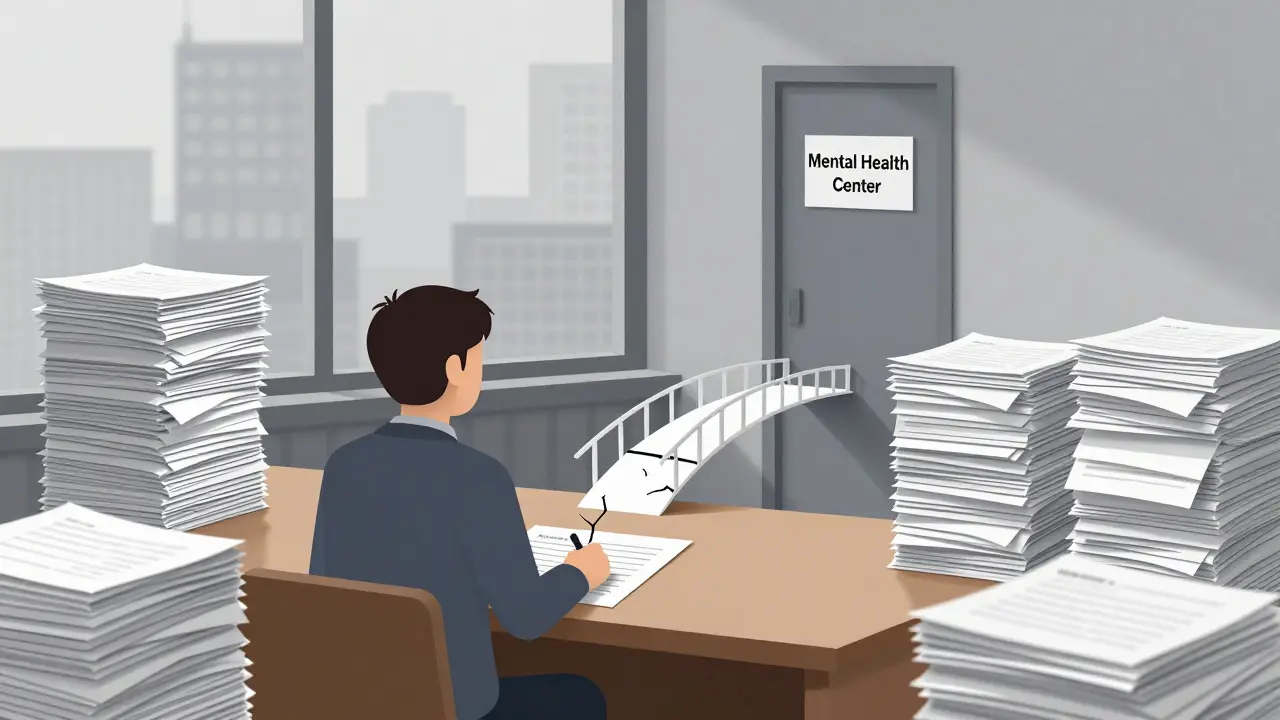 Školní psycholog přetížený dotazníky, s neúplnou spojnicí k pomocným službám.