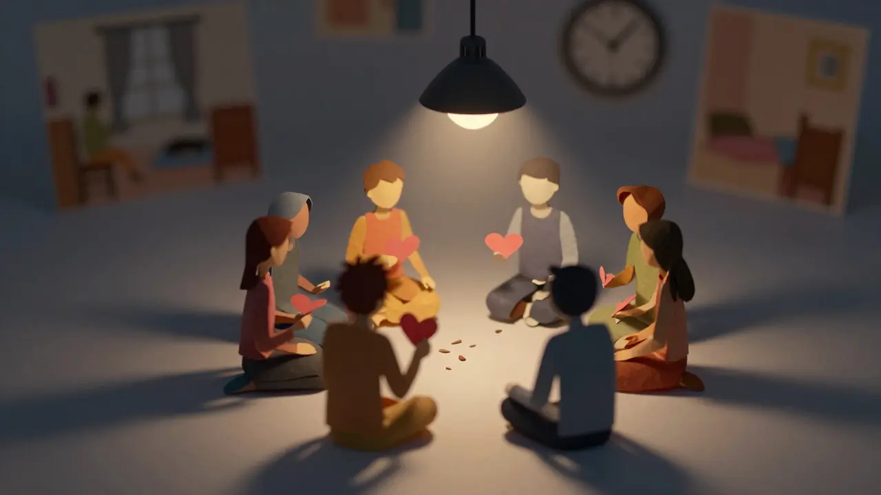 Skupina lidí v kruhu, kteří se navzájem podporují v tiché chvíli.