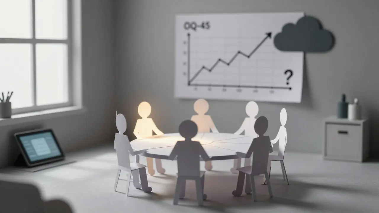 Skupina lidí v kruhu spojená nitěmi, zatímco na stěně je graf sledující pokrok v terapii.