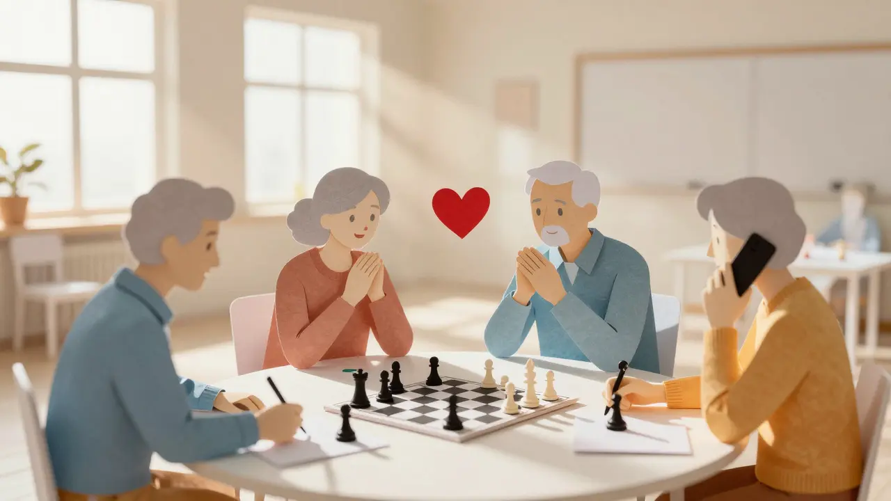 Skupina seniorů se setkává ve společenském centru, kde se spojují lidské přítomnosti a spojení.