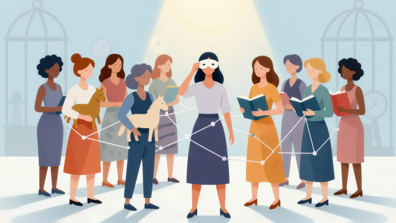 Skupina žen stojí v kruhu, každá drží papírový symbol svého zájmu, jedna si sundá masku.