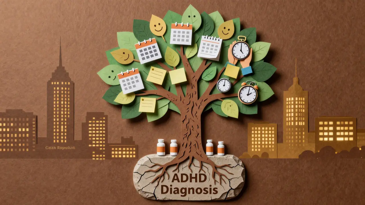 Strom rostoucí z diagnózy, kořeny z léků, větve z plánovačů, listy jako smějící se tváře.