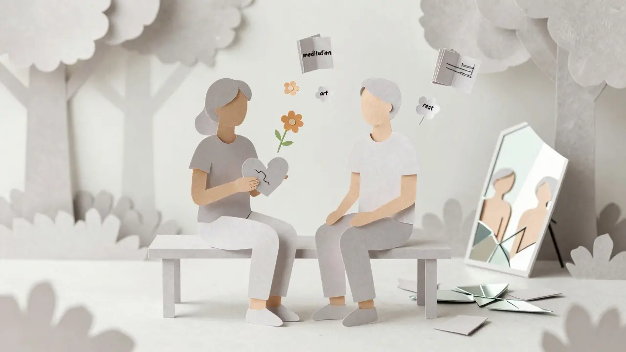 Terapeut a klient spolu na lavičce, zatímco klidné alternativy vznášejí nahoru.