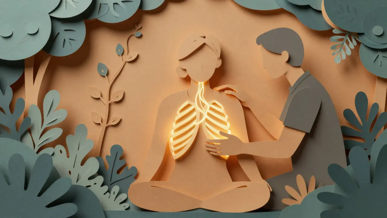 Terapeut a pacient společně dýchají, z jejich dechu vyrůstají zlaté nitě symbolizující uvolnění.