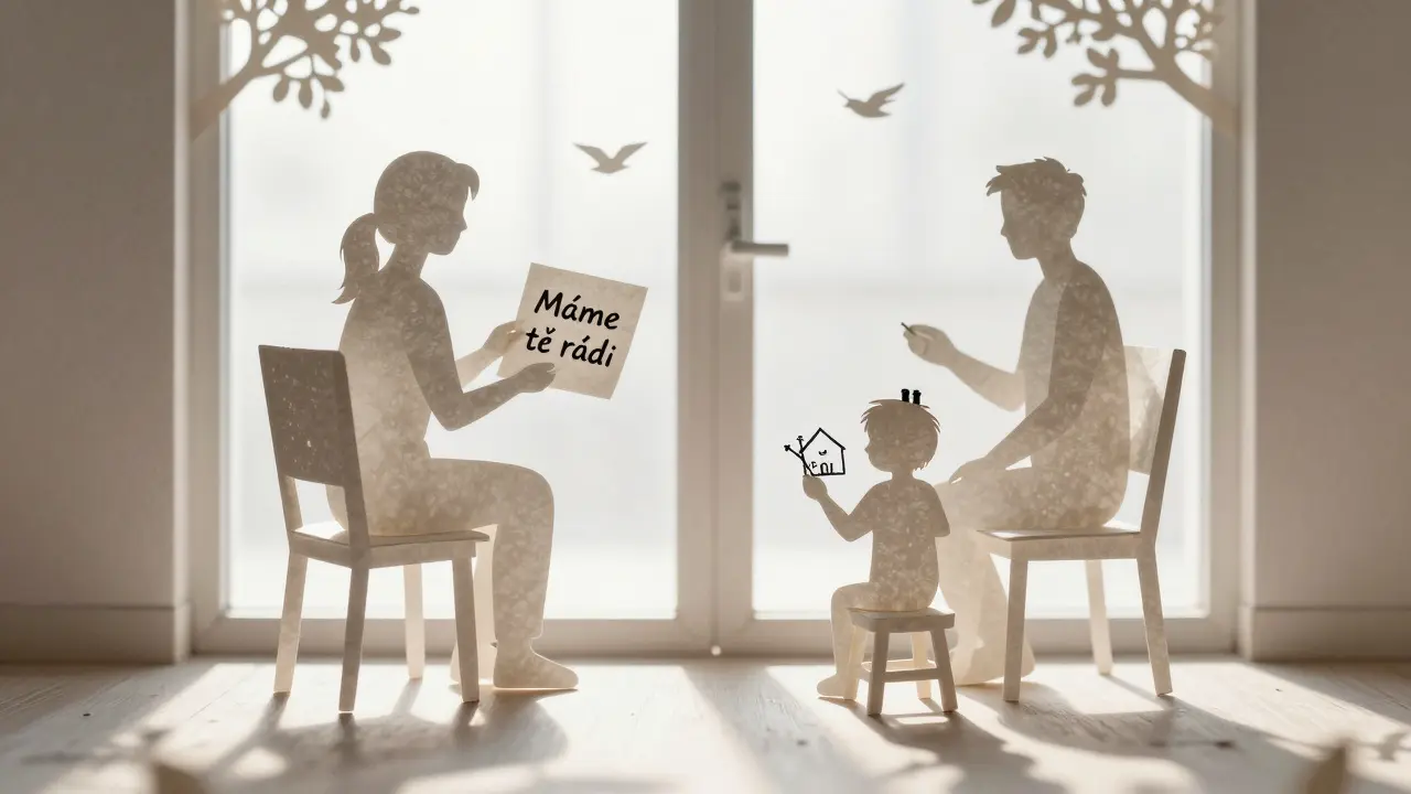 Terapeutická místnost s prázdnými židlemi rodičů a dítětem, které kreslí dům.