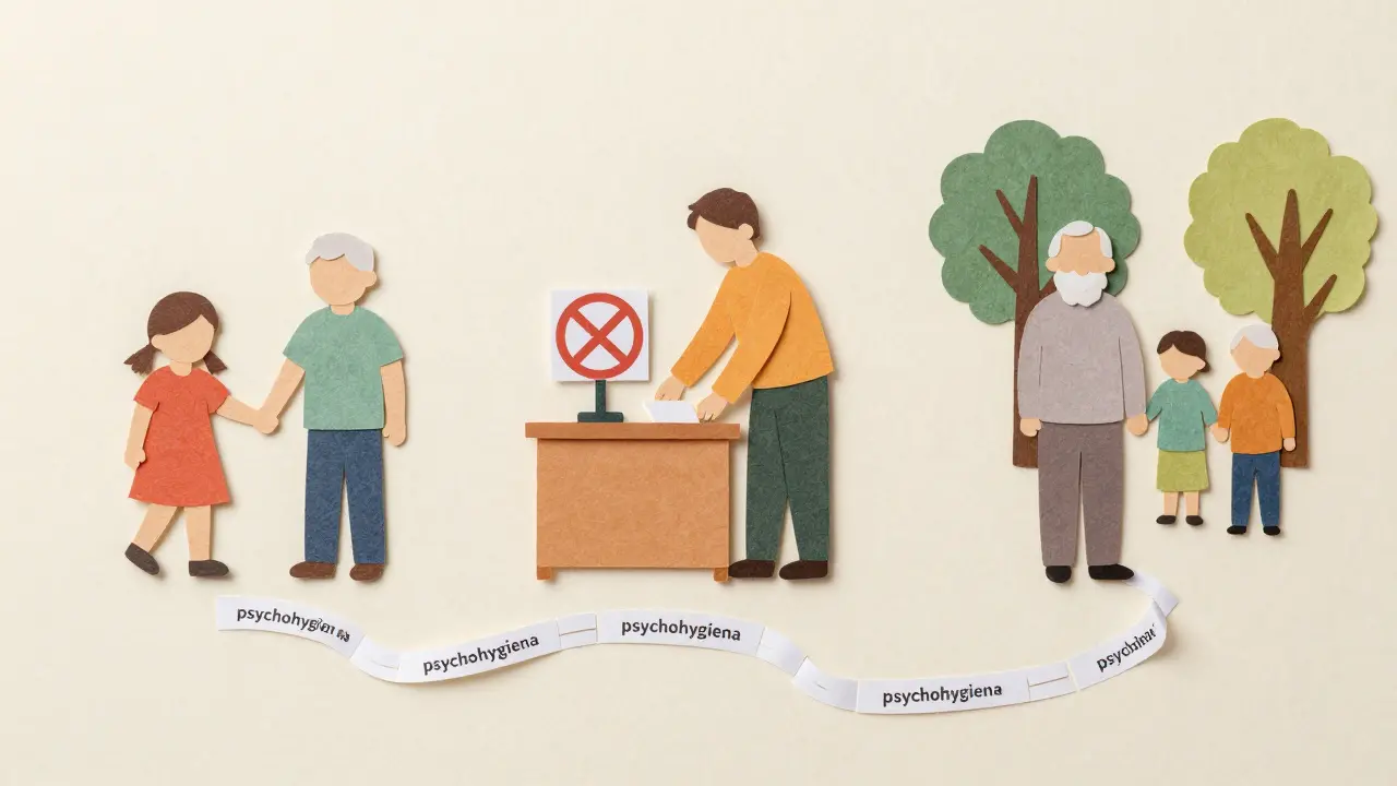 Tři věkové skupiny spojené cestou psychohygieny: dítě, dospělý a senior.