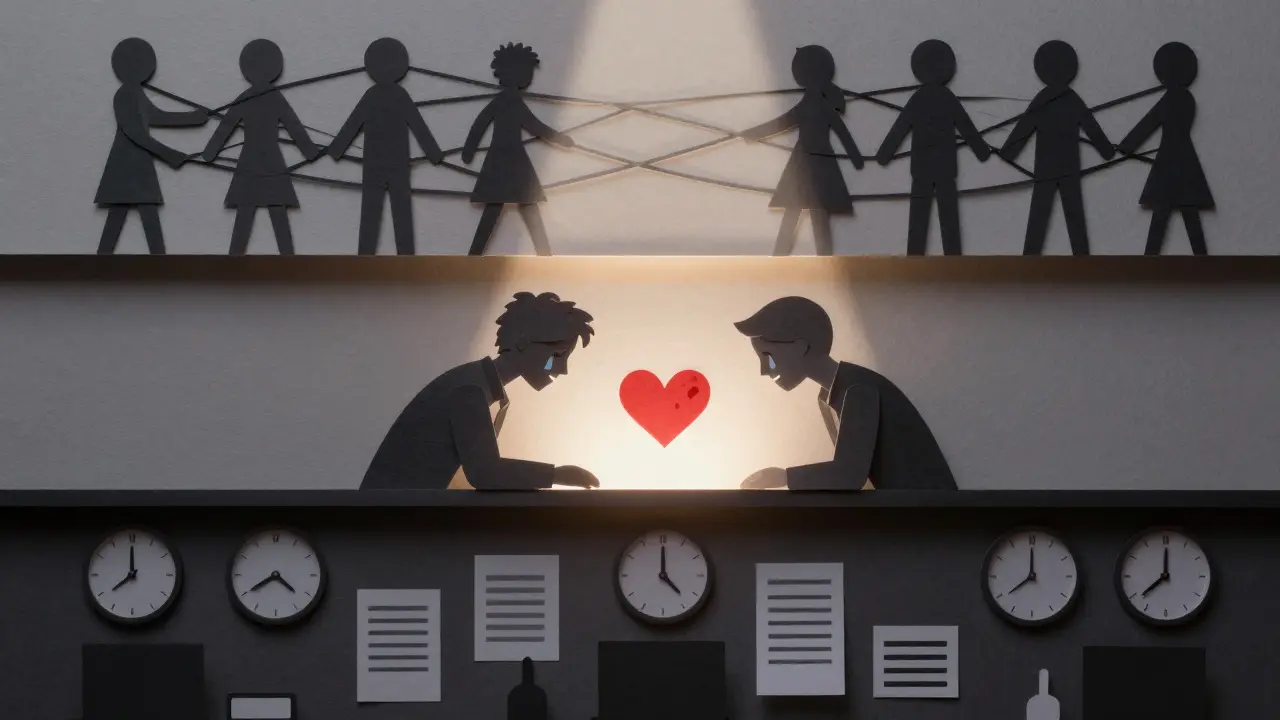 Tři vrstvy vztahu v terapii: organizace, skutečný kontakt a přenos, spojené světlem.