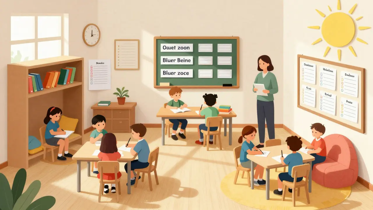 Třída s jasně vymezenými zónami a vizuálními plány pro děti s autismem.