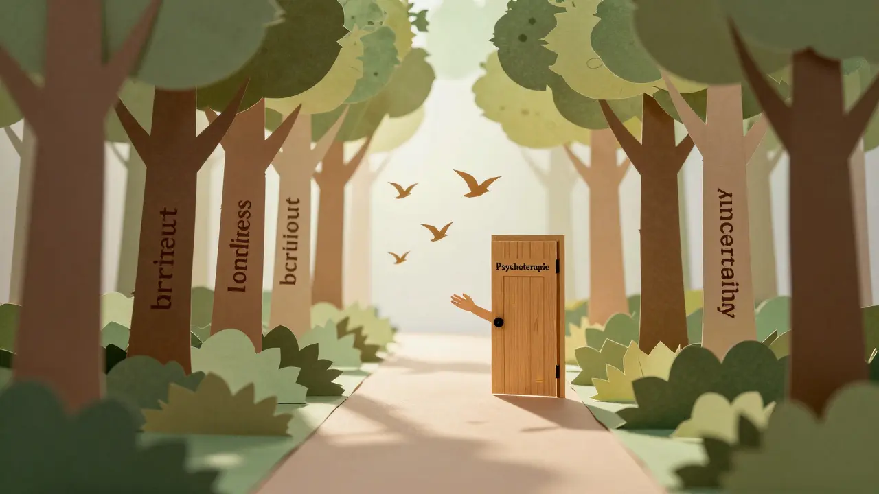 Cesta lesem skrze problémy vede ke dveřím psychoterapie, ruka je otevírá.